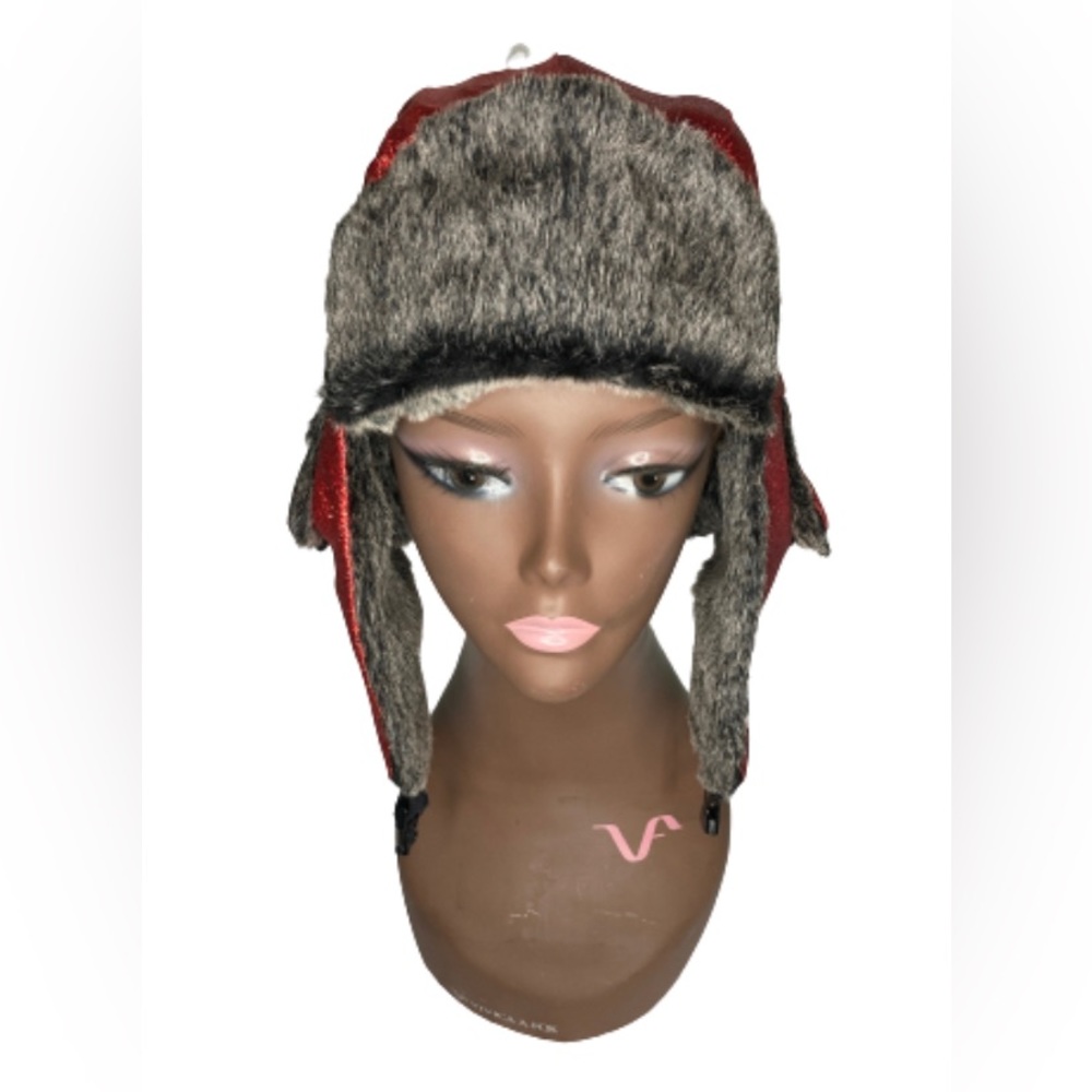Glitter Faux Fur Trapper Hat Red - Picture 8 of 8